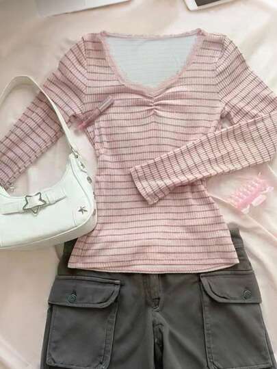 INAWLY Plus Size Women's Fashion Casual Romantic Retro Striped Long Sleeve T-Shirt Fall Cloth For Women