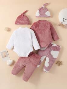 SHEIN 6 件套新生儿简约时尚心形表情图案连帽长袖连体衣配裤子和帽子，家居服套装 - 藕粉色 - 查看 2