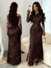 Rafferiza Jacquard Mesh Asymmetric Slit Dress For Women - Coffee - View 3