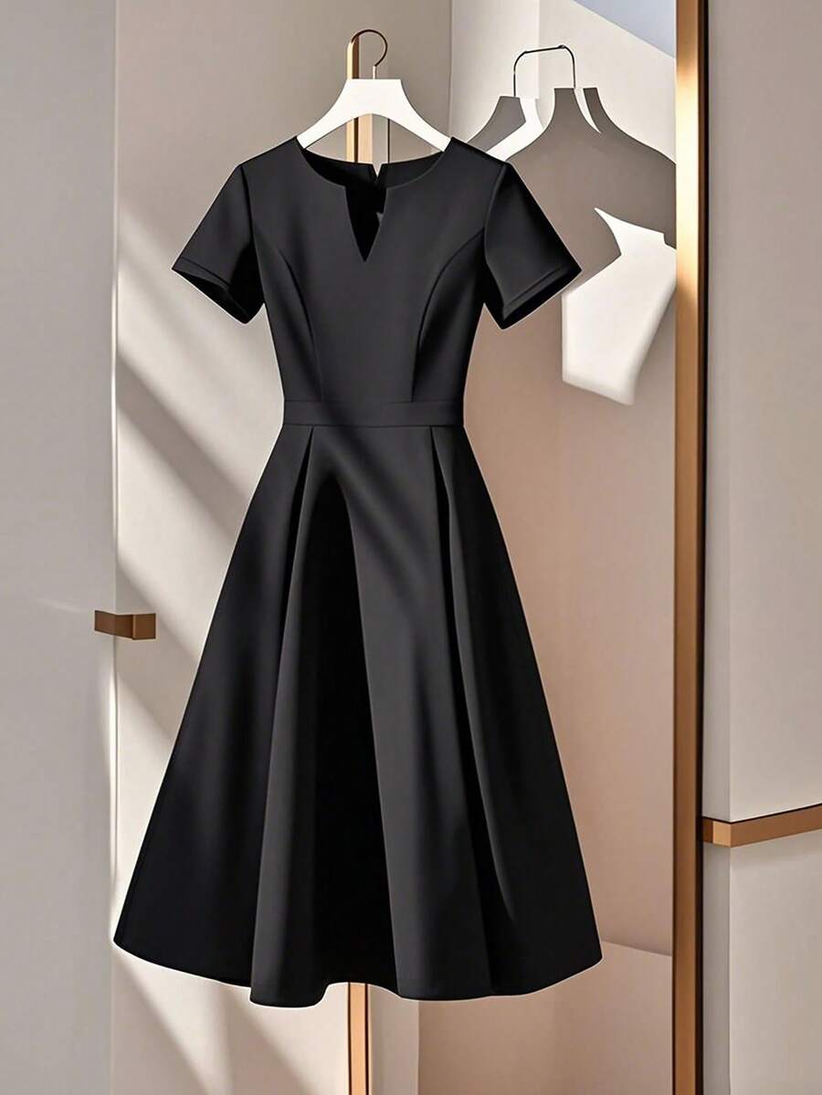 Franclia 女士优雅通勤纯色缺口领中长连衣裙