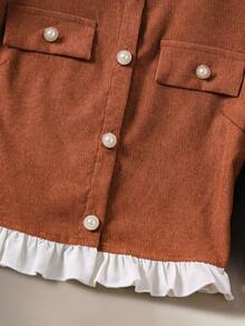 SHEIN 两件套青少年休闲灯芯绒长袖外套，荷叶边领口和纽扣装饰，搭配简约梭织A字裙，秋冬装 - 卡其色 - 查看 9