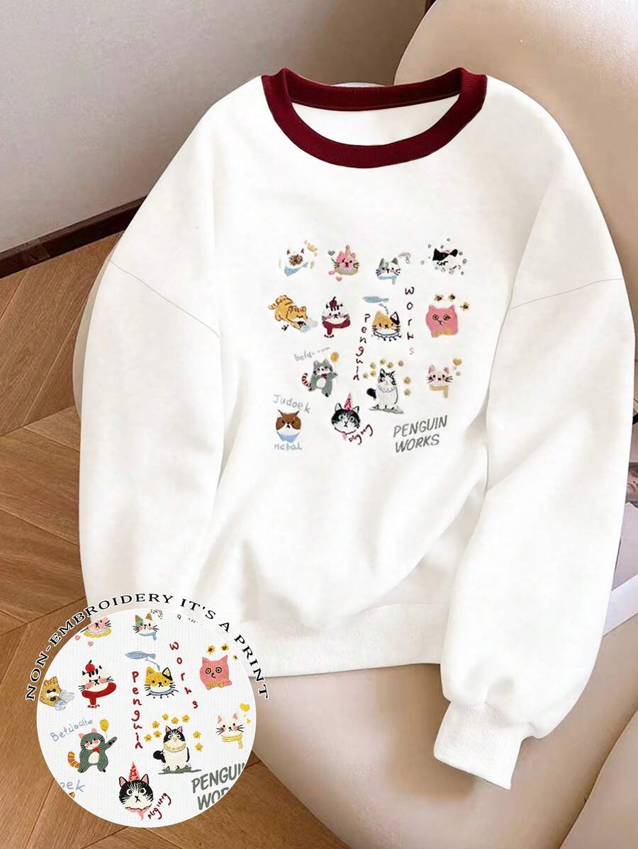 Resyla Women's Faux Embroidered White Ink Print Dropped Shoulder Crew Neck Sweatshirt - Multicolor - View 1