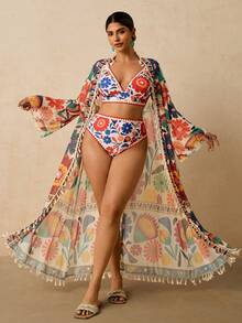 Travachic Vestido de playa con estampado floral tropical colorido y decoración con flecos para tallas grandes - Multicolor - Ver 6