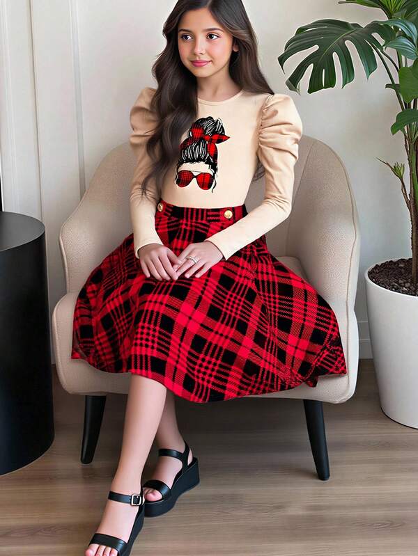SHEIN Tween Girl Casual Elegant Fitted Raglan Sleeve Cartoon Portrait Print Girl Print Crew Neck Slim Pullover T-Shirt And Matching Red & Black Plaid Ruffle Hem Metal Button Decor A-Line Skirt 2 Piece Set, Suitable For Halloween, Christmas, New Year, Casual, School, Party Two Piece Kids Set Skirt Plaid Matching Mom And Daughter Dress Christmas Girls Dress Long Sleeve Girls Dresses Twin Girl Dresses