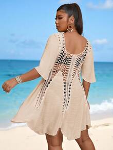 Swim Vcay Plus Size Women Solid Color Square Neck Ruffle Sleeve Hollow Out Cover Up Dress - Apricot - View 2