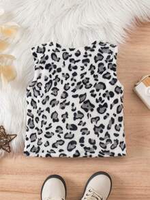 女童休闲仿皮草棕色豹纹背心外套，秋冬季 - 黑與白 - 查看 2