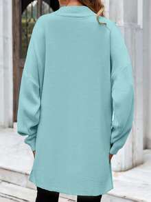 SHEIN Cottnline Suéter Con Abertura Lateral Y Detalle De Botones De Talla Grande - Azul Cadete - Ver 2