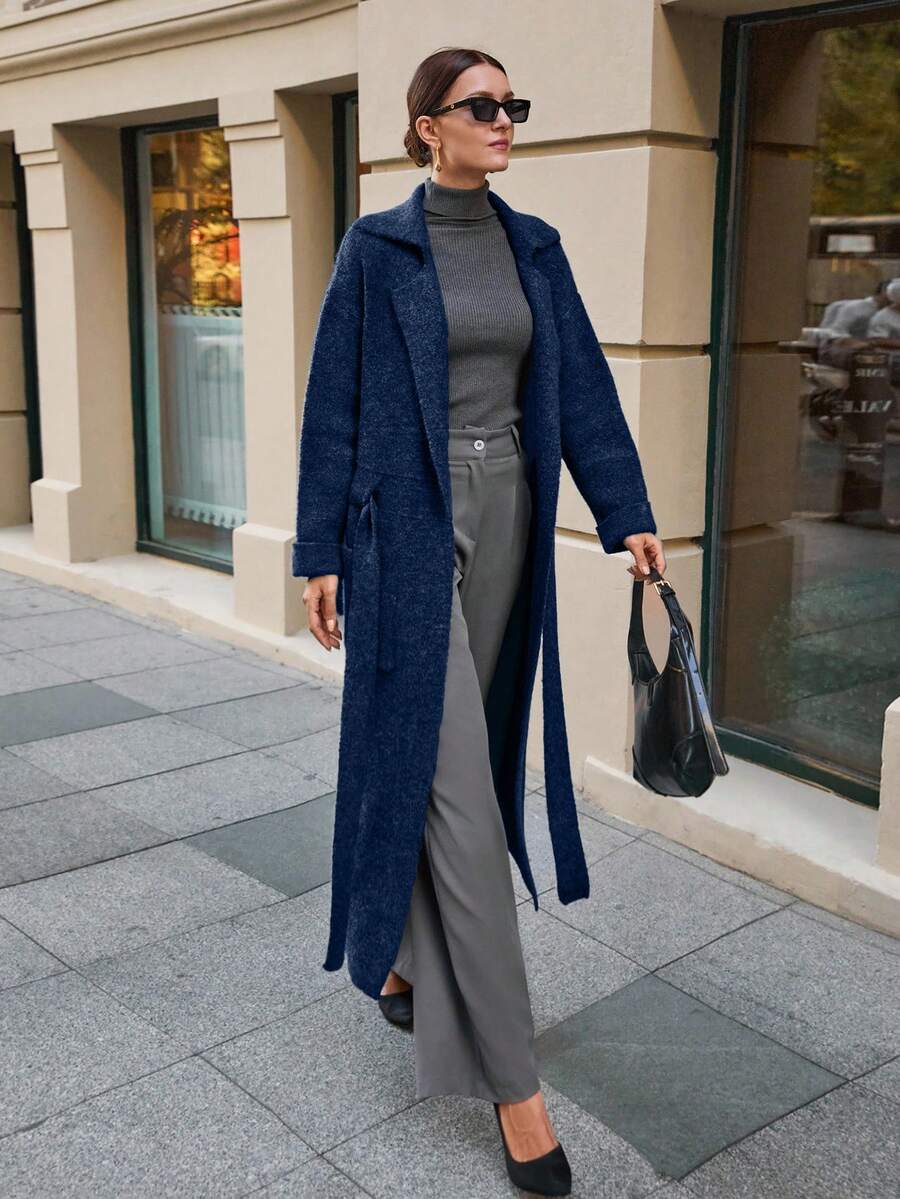 EURMUSE Maxi Cardigan With Belt Outwear Jacket Fall Winter - Navy Blue - View 1