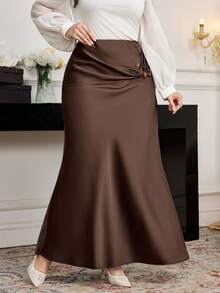 Modelyn 大码女式纯色休闲百搭A字裙 - 棕色 - 查看 1