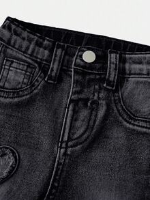 SHEIN Baby Girls' Frayed Heart Denim Jeggings, Blue - Black - View 5