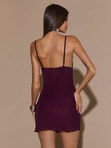 SHEIN BAE 女式亮片拼接优雅时尚细肩带连衣裙 - 酒紅色 - 查看 2