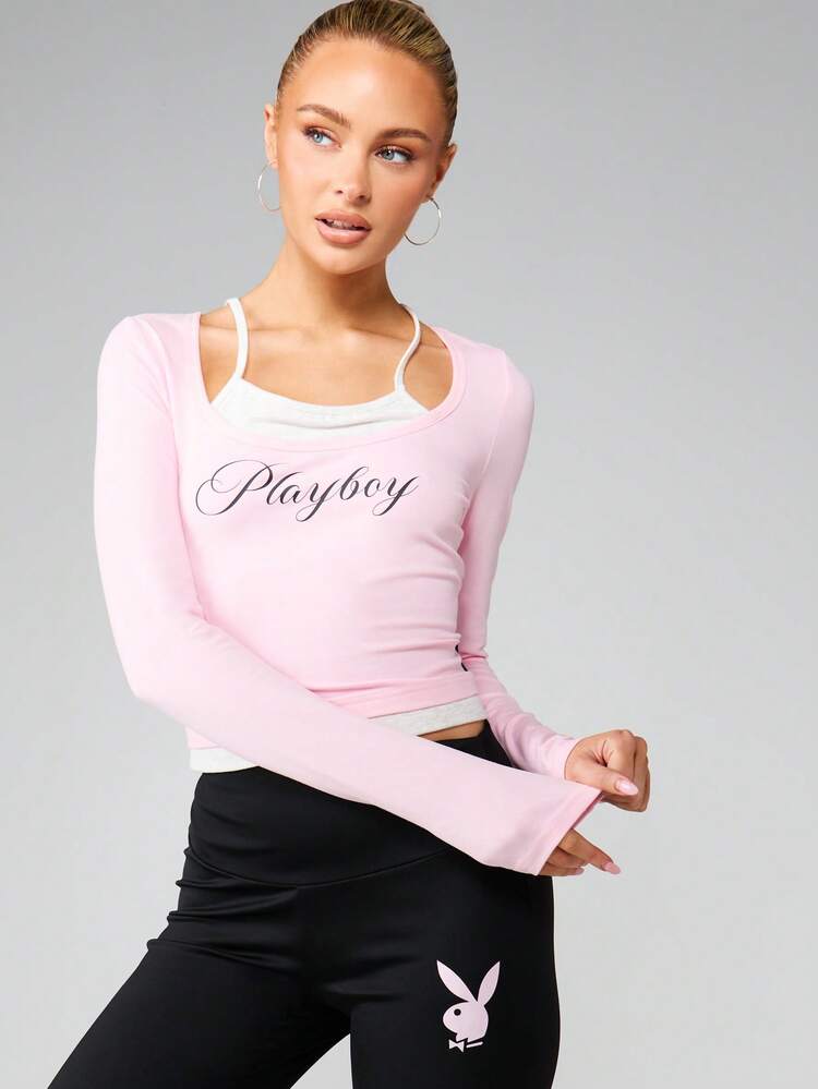 Missguided x Playboy Cutout Neckline Long Sleeve Top With Script Print For Casual Everyday Layering