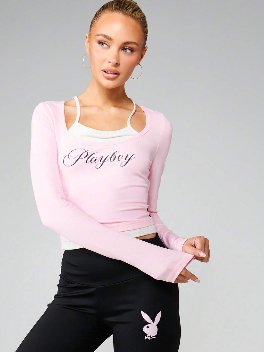 Missguided x Playboy Áo thun tay dài cổ khoét họa tiết chữ cho phong cách thường ngày - Nhiều màu - Xem 1