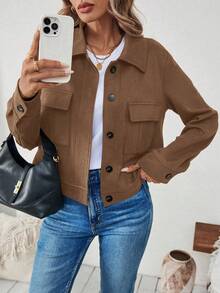 EMERY ROSE 女士麂皮纯色长袖单排扣休闲实用口袋修身夹克 - 駝色 - 查看 6