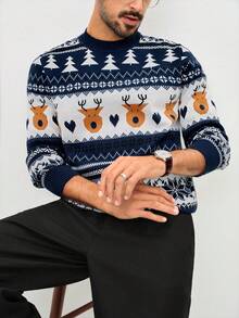 Manfinity Homme Men's Colorblock Reindeer Pattern Crew Neck Long Sleeve Sweater Jumpers Men Knit Wear Men Christmas - Royal Blue - View 1