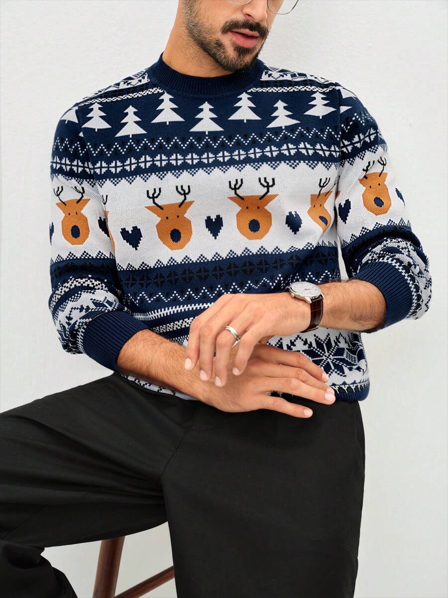 Manfinity Homme Men's Colorblock Reindeer Pattern Crew Neck Long Sleeve Sweater Jumpers Men Knit Wear Men Christmas - Royal Blue - View 1