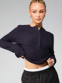 MISSGUIDED Ribbed Button Front Long Sleeve Top For Casual Everyday Comfort - Navy Blue - View 3
