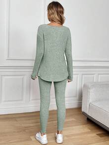 SHEIN Tall CURVE 两件套加大码女式保暖罗纹长袖T恤和打底裤，秋冬季 - 綠色 - 查看 2