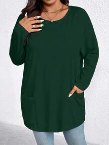 EMERY ROSE Plus Size Casual Solid Color Double Pocket T-Shirt, Versatile For Autumn - Green - View 5