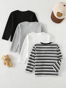 Cozy Pixies 4pcs Baby Boy Cartoon Bear Pattern Knitted Soft Crew Neck Long Sleeve Pullover Outfit Set - Black and White - View 2