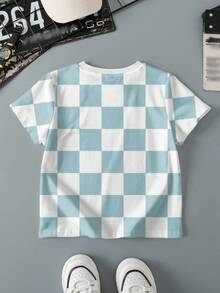TOM & JERRY X SHEIN Young Boy Casual Checkered Cartoon Pattern Round Neck Short Sleeve T-Shirt, Summer