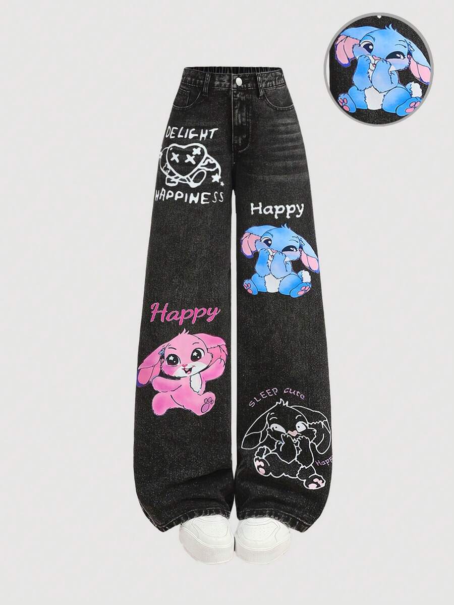 Girlism Teen Girl Black Y2k Cute Cartoon Rabbit Print Loose Fit Denim Pants,Summer,Streetwear,Holiday,Back-To-School,Casual 2000s Style Halloween Jeans - Black - View 1