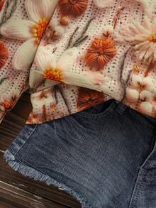 SHEIN LUNE Casual Minimalist Printed Pattern Crew Neck Loose Fit Women Sweatshirt, Vintage Style, 3D Embroidered Print, Suitable For Early Autumn,Fall