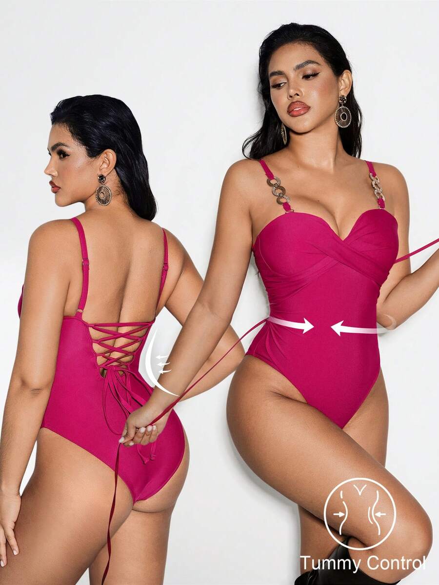 Shapewave Traje de baño de una pieza sexy y de moda para mujer en color magenta, con tirantes ajustables y extraíbles, acolchado, con tirantes cruzados y decoración de cadena de cristales - Rojo violeta - Ver 1