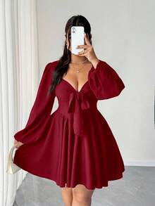 Elenzga 大码女士优雅性感红色系带连衣裙 - 紅色 - 查看 3