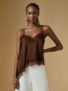 Briarwyn Brown Elegant Lace Trim Camisole Top For Women, Asymmetric Hem Party Going Out Top - Coffee Brown - View 5