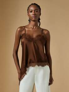 Briarwyn Brown Elegant Lace Trim Camisole Top For Women, Asymmetric Hem Party Going Out Top - Coffee Brown - View 6