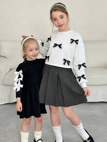 LMoss Kids LMoss 少女纯色圆领 3D 蝴蝶结休闲卫衣，舒适秋冬款式，套头衫 - 白色 - 查看 4