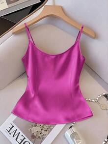 GlowEve Women's Shiny Woven Fabric Sleeveless Gathered Waist Fitted Casual Camisole, Suitable For Spring, Autumn And Winter - Pink - View 2