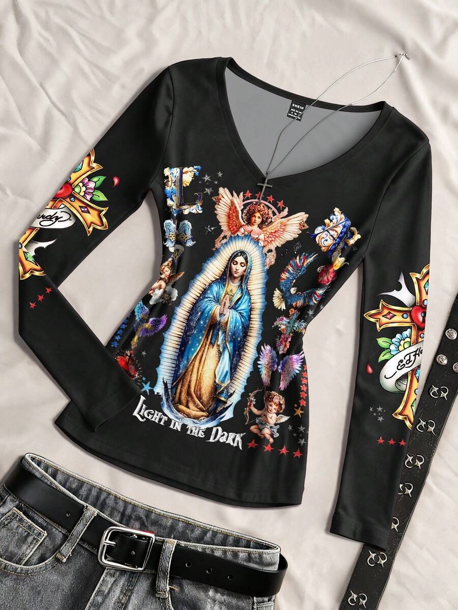 Glimmora Women's Casual V-Neck Long Sleeve T-Shirt With Angel Letter Print - Rust Brown - View 1