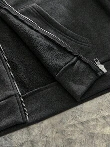 AXEPEAK 美式黑色毛领连帽衫，小众设计修身短款卫衣，男士长袖上衣 - 灰色 - 查看 5