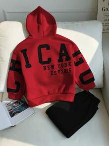 SHEIN 2pcs Young Boy Casual Korean Style Loose Fit Oversized Letter Graphic Hoodie And Elastic Waist Pants Set, Suitable For Autumn/Spring, Outdoor Play, School, Street Style, Party And Leisure, Thermal Lined Thick Material