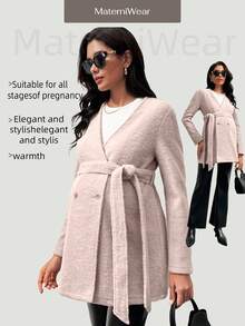 MaterniWear Maternity Work Fall,Autumn Solid Color Double-Breasted Long Sleeve Belted Casual Coat, Autumn/Winter - Pink - View 1