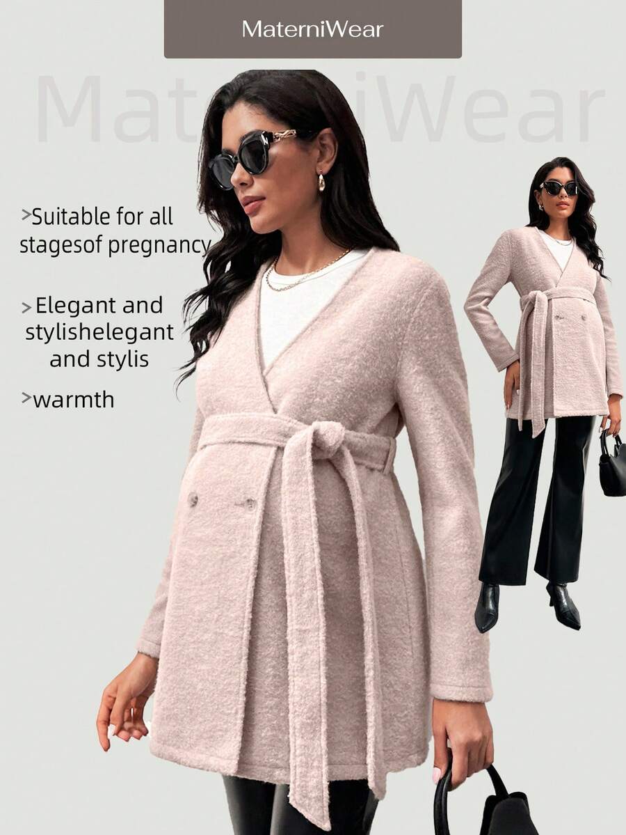 MaterniWear Maternity Work Fall,Autumn Solid Color Double-Breasted Long Sleeve Belted Casual Coat, Autumn/Winter - Pink - View 1