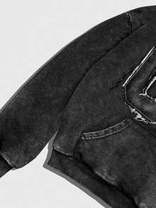 ROMWE MEN Street Life Áo hoodie nam tay dài in chữ kiểu retro. - màu đen - Xem 3