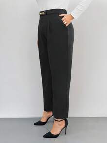 SHEIN Privé Plus Size Women's Waist Chain Decor Pleated Pocket Elegant Pants - Black - View 5