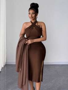 Maweii Bộ 2 món cỡ lớn: Đầm yếm trơn màu & Áo khoác cardigan dài tay - màu nâu - Xem 6