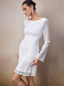 Modelyn 女士纯色圆领修身优雅长袖迷你连衣裙 - 白色 - 查看 6