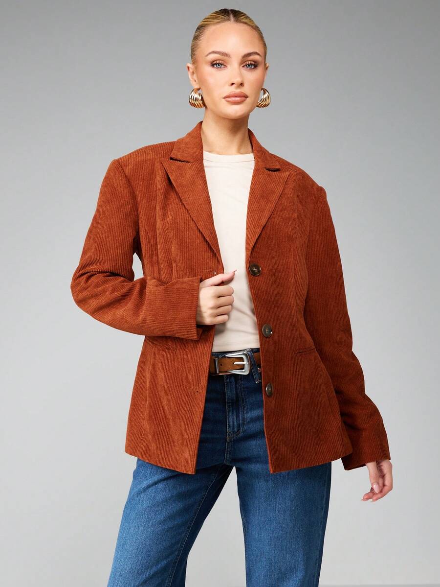 MISSGUIDED Corduroy Blazer Jacket With Button Closure And Notch Lapels For Professional Office Wear - Brown - View 1