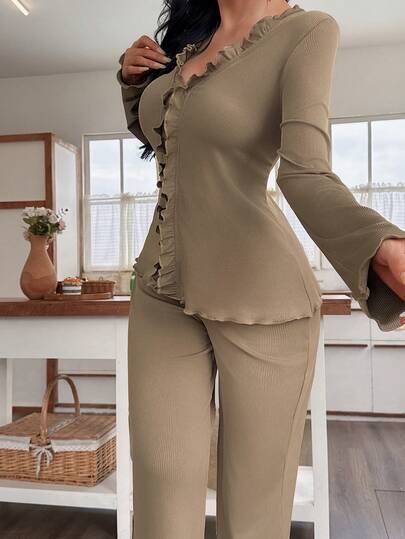 Ruffle Neck Long Sleeve Pants Pajama Set view 4