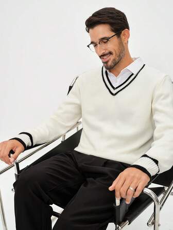 Manfinity CityGents Men's Casual Contrast Trim Knit Sweater, Autumn/Winter Men Sweater Top Mens Clothing Men Knitted Set Jumper For Men Mens Fashion