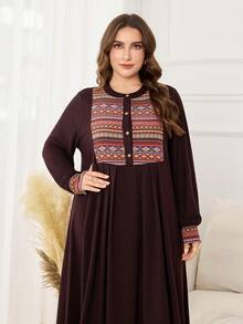 Lacomfia Damen Rundhals Langarm Locker Plissee Lässig Retro Muster Patchwork Komfortable Herbst/Winter Große Größen Kleid