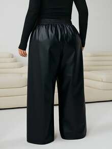 SHEIN EZwear 大码女式纯色抽绳腰阔腿宽松休闲PU皮裤 - 黑色 - 查看 3