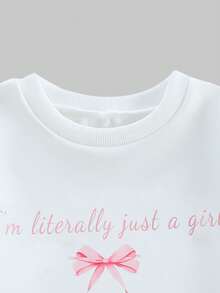 SHEIN ChillGRL 8-12岁女童可爱时尚休闲风白色圆领卫衣，粉色字母蝴蝶结印花，搭配粉色抽绳腰裤，两件套 - 黑色 - 查看 6