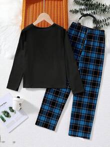 两件套青少年男童蓝色电子游戏图案印花黑色圆领长袖上衣和格子宽松柔软针织睡裤，舒适家居服