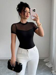 SHEIN Tall 女士优雅纯色百搭透视弹力修身T恤 - 黑色 - 查看 1